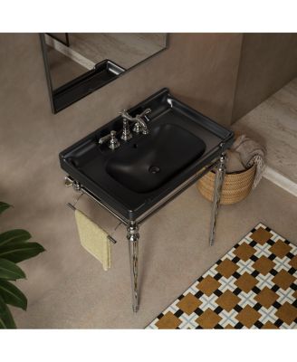 Bathroom Console Sink with Ceramic Vanity, Wall Mounted Basin & Stainless Steel Legs, Towel Bar Included