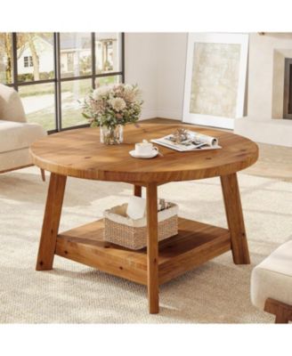 Solid Wood Round Coffee Table for Living Room, 31.5” Farmhouse Wooden 2-Tier Circle Center Cocktail Accent Table