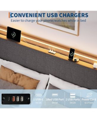 Full Upholstered Bed Frame with Storage- Easy Assembly Bed Frames with Charging Station- No Box Spring Needed- No Slip No Noise