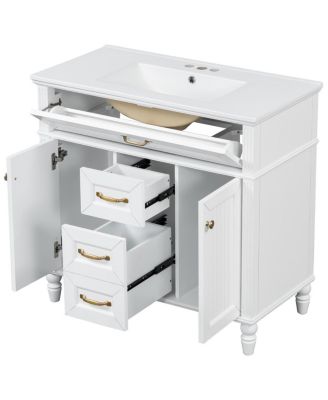 36" Bathroom Vanity with Ceramic Sink, Flip-Out Drawer, Soft Close Doors & Storage Drawers for Modern Bathrooms