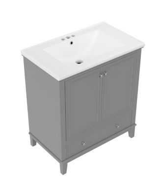 Bathroom Vanity with Ceramic Sink, Adjustable Shelf, Multi-Functional Storage, Solid Wood & MDF