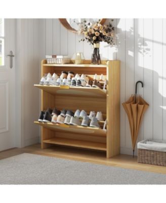 2 Flip-Drawer Shoe Storage Cabinet - Free Standing Narrow Organizer with Rattan Doors for Entryway and Hallway