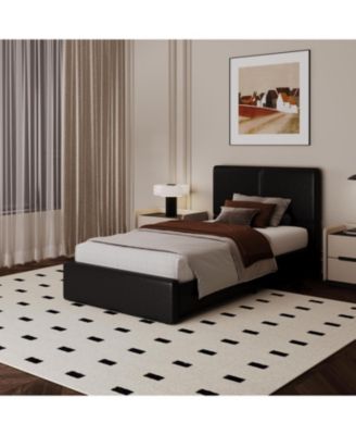 Upholstered Platform Bed Frame with 2 Storage Drawers, Faux Leather Low Profile Base with Wood Slat Support