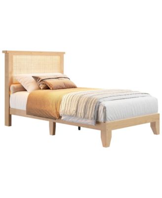 Rattan Bed Frame with Solid Wood Foundation & Natural Rattan Headboard and LED Lights