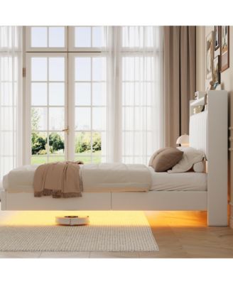 Floating Bed Frame Queen RGB LED Lights Charging Station 50 Headboard Leather Upholstered Platform No Box Spring