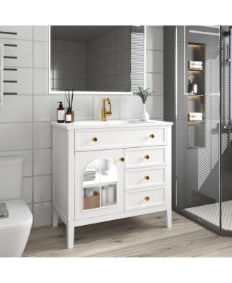 Bathroom Vanity with Sink, Medieval Glass Doors, Motion Sensor Lighting, Flip Drawer & Adjustable Storage for Modern Homes