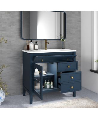 Bathroom Vanity with Sink, Medieval Glass Doors, Motion Sensor Lighting, Flip Drawer & Adjustable Storage for Modern Homes