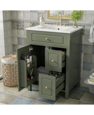 Bathroom Vanity with Ceramic Sink, Soft Close Door & Drawers, Double Storage Racks for Small