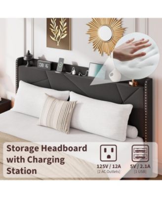 Queen Floating Bed Frame RGB LED Lights Charging Station Upholstered Suspended Platform Storage Headboard No Box Spring