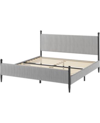 King Bed Frame with Velvet Upholstered Corduroy Headboard, Wooden Slats Support and Heavy-Duty Platform Design