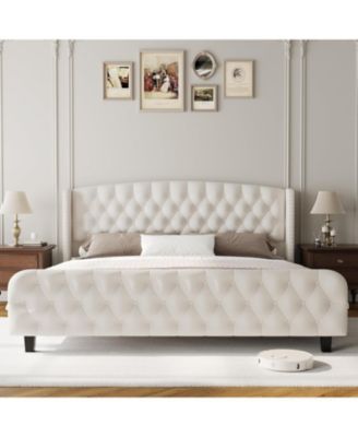 Bed Frame with Deep Button Tufted Wingback Headboard and Footboard, Velvet Upholstered Platform Bed Frame, No Box Spring Needed