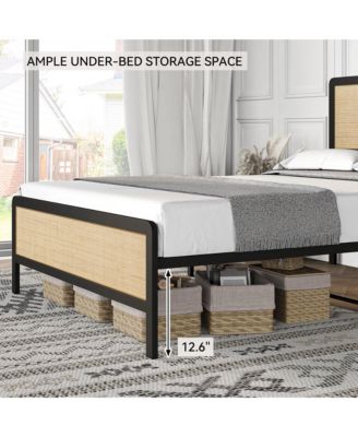 Queen Size Platform Bed Frame with Rattan Headboard and Footboard- Black Metal Frame- No Box Spring Needed- Noise-Free- Easy Assembly