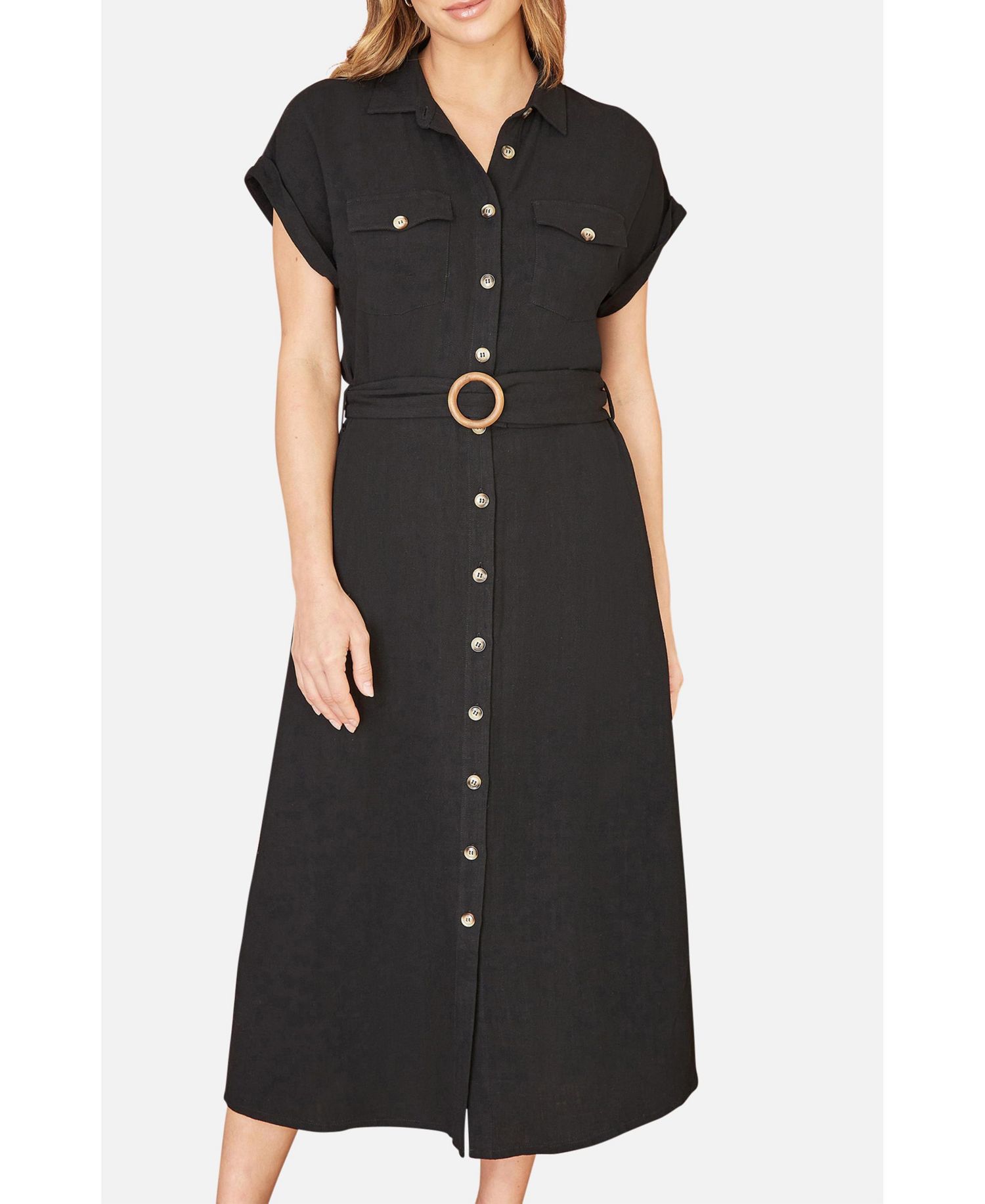 Women's Linen Look Midi Shirt Dress