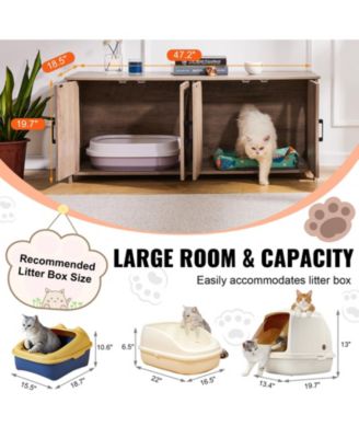 Wooden Cat Litter Box Enclosure, 2-Room Hidden Pet Furniture with Greige Finish for Indoor Use