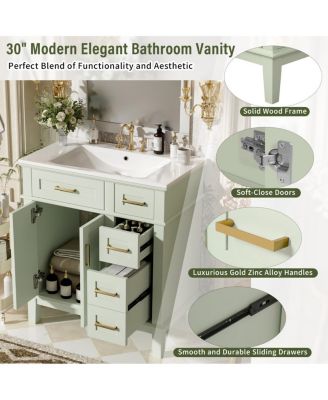 30" Bathroom Vanity with Ceramic Sink, Modern Storage Cabinet with 2 Soft-Close Doors & Deep Drawer for Small Bathrooms
