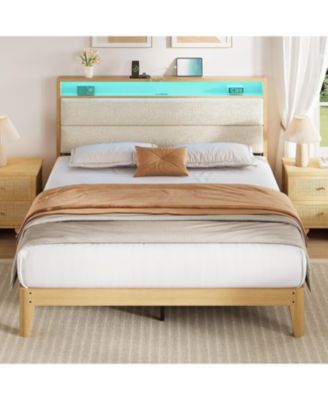 Upholstered Bed Storage Headboard LED Boucle Platform Charging Station No Box Spring Easy Assembly