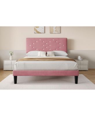 Bed Frame Upholstered Platform Button Tufted Headboard Under-Bed Storage Wooden Slats Noise Free No Box Spring