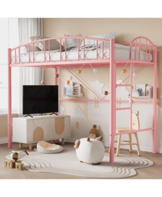 Twin Loft Bed-Heavy Duty Metal Frame-Arched Guardrail Safety Ladder-Space Saving Compact Bedroom Frame