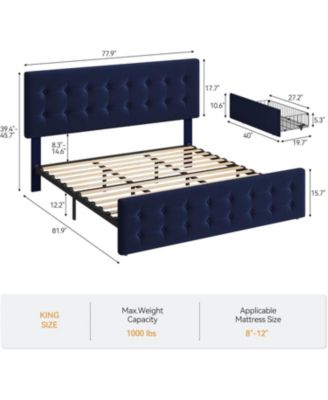 Bed Frame Adjustable Headboard 4 Drawers Velvet Upholstered Platform Button Tufted Wooden Slats No Box Spring