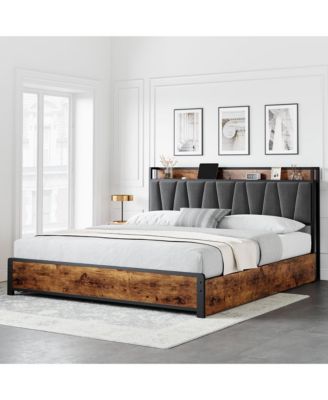 Linen Upholstered Platform Bed 4 Drawers Charging Station Vintage Headboard Wooden Slats No Box Spring Easy Assembly