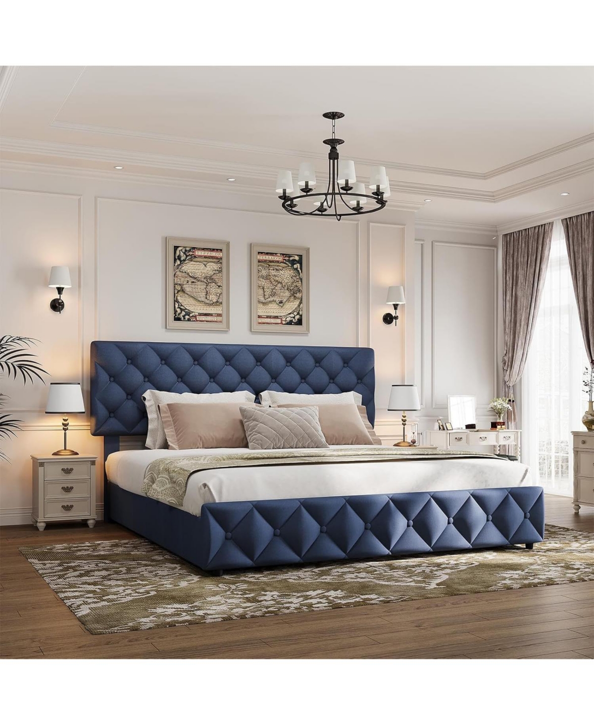 gaomon Upholstered Platform Bed Frame with Adjustable Headboard & 4 Storage Drawers - Diamond Tufted Linen - Sturdy & Noise