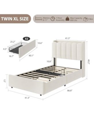 Twin-XL Boucle Upholstered Platform Bed Wavy Headboard Storage Bookcase 2 Drawers No Box Spring