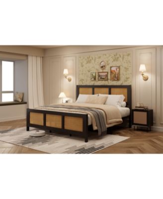 Rattan Boho Platform Bed Frame with Cane Headboard- Strong Metal Slat Support- Easy Assembly- No Box Spring Needed for Bedroom