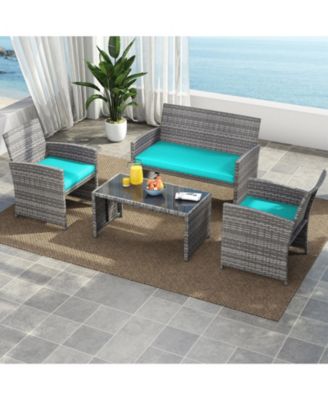 4PCS Patio Outdoor Conversation Set w/Seat Cushions and Tempered Glass Tabletop