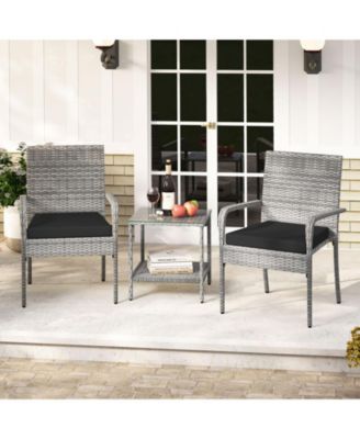 3 Pieces Patio Furniture Set PE Rattan Porch Chairs w/ 2-Tier Table