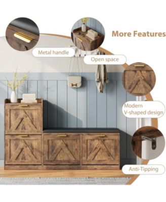 Farmhouse Shoe Cabinet with Bench 4 Flip Drawers Entryway Shoe Storage Organizer with Comfort Cushioned Seat Freestanding Shoe Rack