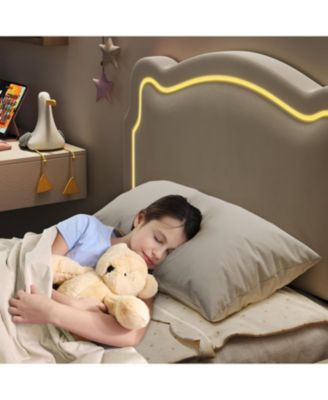 Upholstered Bed Frame with Smart LED and Adjustable Bear Headboard, Velvet Princess Platform Bed, Wooden Slats Support Kids Bed