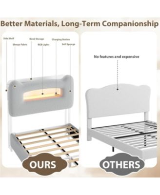 LED Bed Frame with Drawer Upholstered Storage Headboard Charging Station Noise-Free Low Profile.