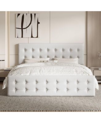 Bed Frame 4 Storage Drawers Linen Upholstered Headboard Wooden Slats No Box Spring Button Tufted.