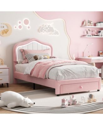  LED Upholstered Bed Frame Storage Drawer Velvet Platform No Box Spring Wooden Slats Easy Assembly