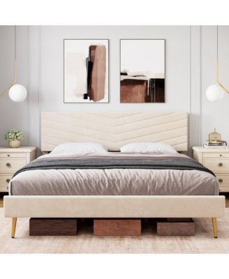 Bed Frame Velvet Upholstered Platform Adjustable Headboard Solid Wood Slats Support No Box Spring Easy Assembly Noise Free.