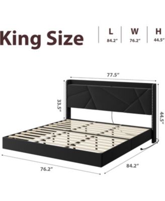 Floating Bed Frame LED Lights USB Charging Upholstered Storage Headboard Metal Slats No Box Spring.