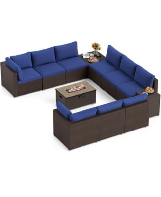 12 PCS Outdoor Patio Wicker Sectional Sofa Set w/ 32'' Propane Fire Pit Table Tank Holder