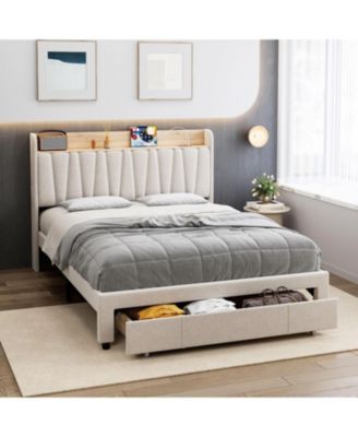Bed Frame Storage Headboard Platform Linen Fabric Charging Station Drawer No Box Spring Easy Assembly