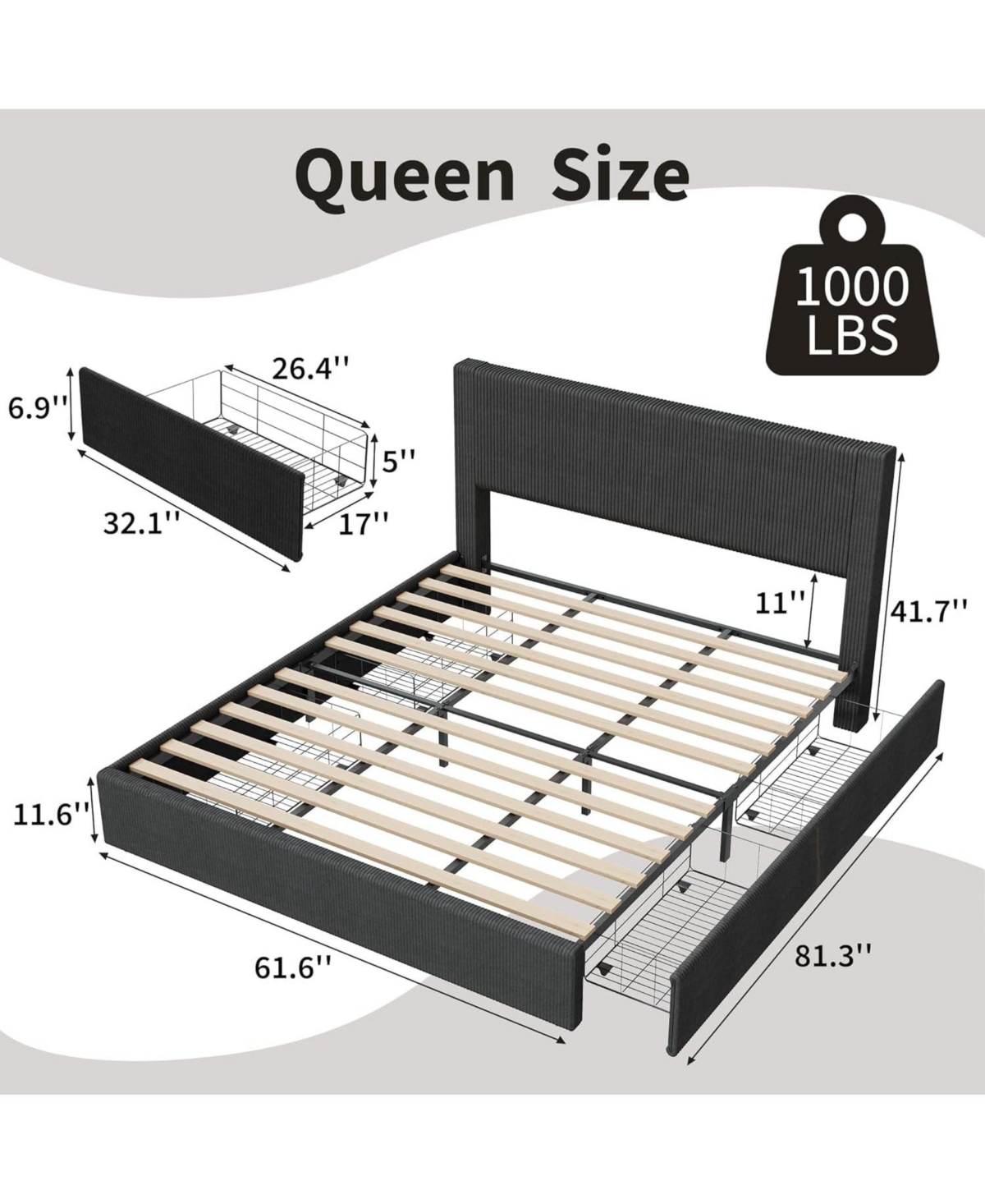 gaomon Upholstered Platform Bed with 4 Storage Drawers- Corduroy Wingback Headboard- Wood Slat Support- No Box Spring Needed