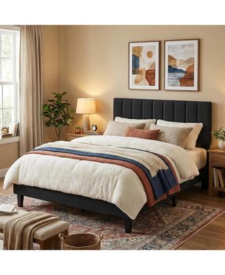 Bed Frame Full Size with Adjustable Height Vertical Channel Tufted Headboard, Upholstered Platform Bed Frame with Sturdy Wooden Slats Support