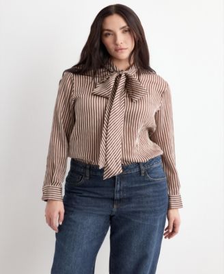 Women's Tie Neck Collar Striped Blouse