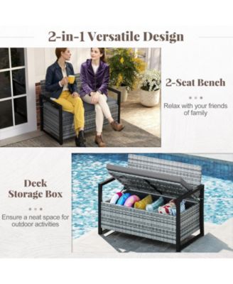 Patio Storage Bench Wicker Loveseat w/ Built-in Storage & Long Seat Cushion Outdoor