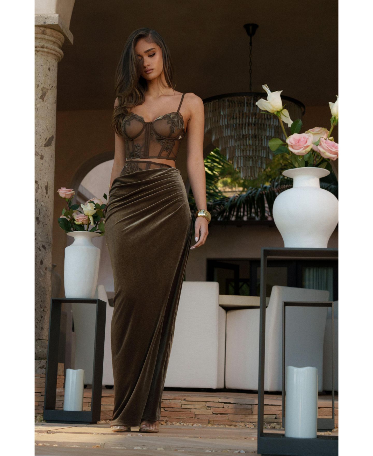 Женская юбка JLUXLABEL Velvet And Lace Maxi, цвет: Бежевый — фото 10