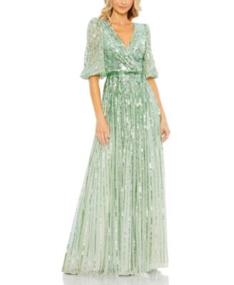Women's Sequined Wrap Over 3/4 Sleeve Gown