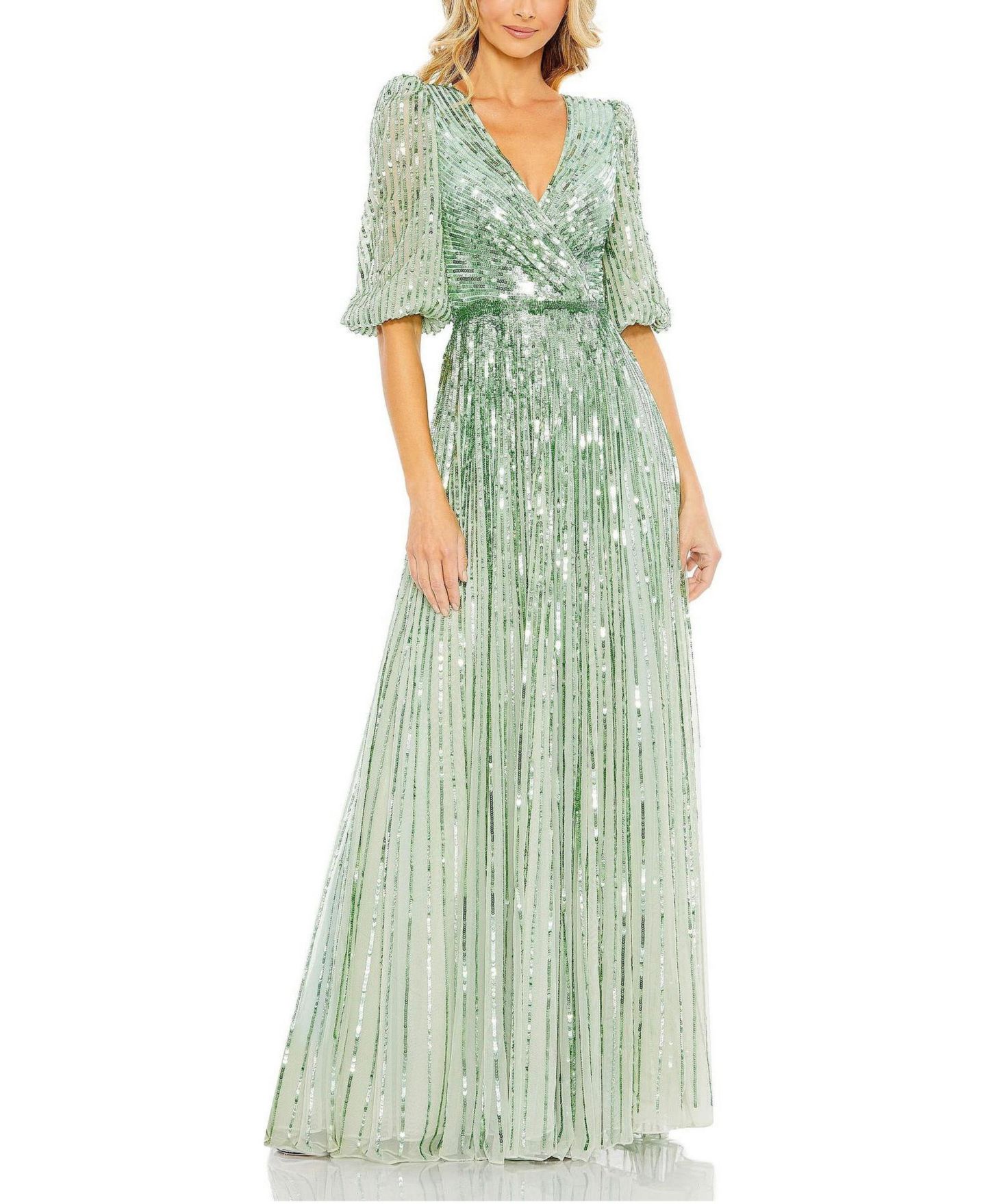 Женское платье Mac Duggal Sequined Wrap Over 3/4 Sleeve Gown, цвет: Шалфейный — фото 1