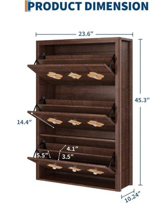 Shoe Cabinet with 3 Flip Drawers, Slim Hidden Wood Shoe Cabinet with Adjustable Shelves, Flower Pattern, Diamond Handle, Narrow Organizer