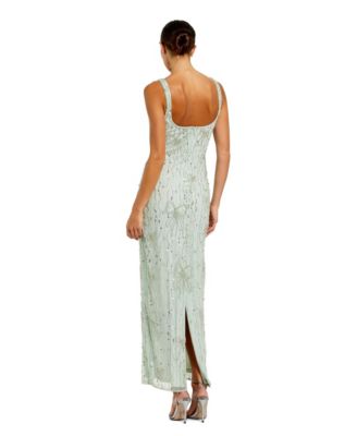 Women's Beaded Mesh Scoop Neck Fitted Gown With Bows