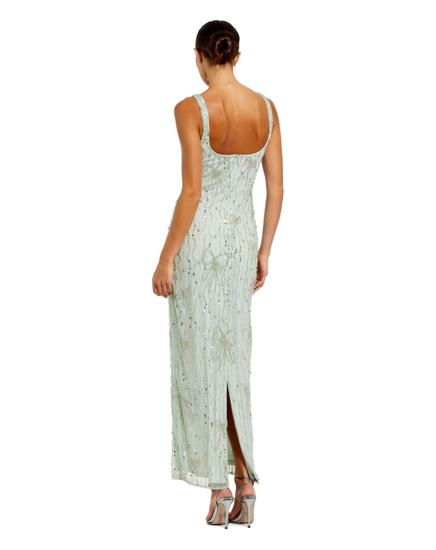 Women's Beaded Mesh Scoop Neck Fitted Gown With Bows