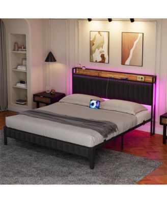 Queen Bed Frame Led Light Charging Station Upholstered Platform Storage Headboard Metal Slat Easy Assembly Noise Free Black