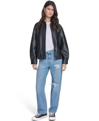 Women's Faux Leather Relaxed-Fit Bomber Jacket